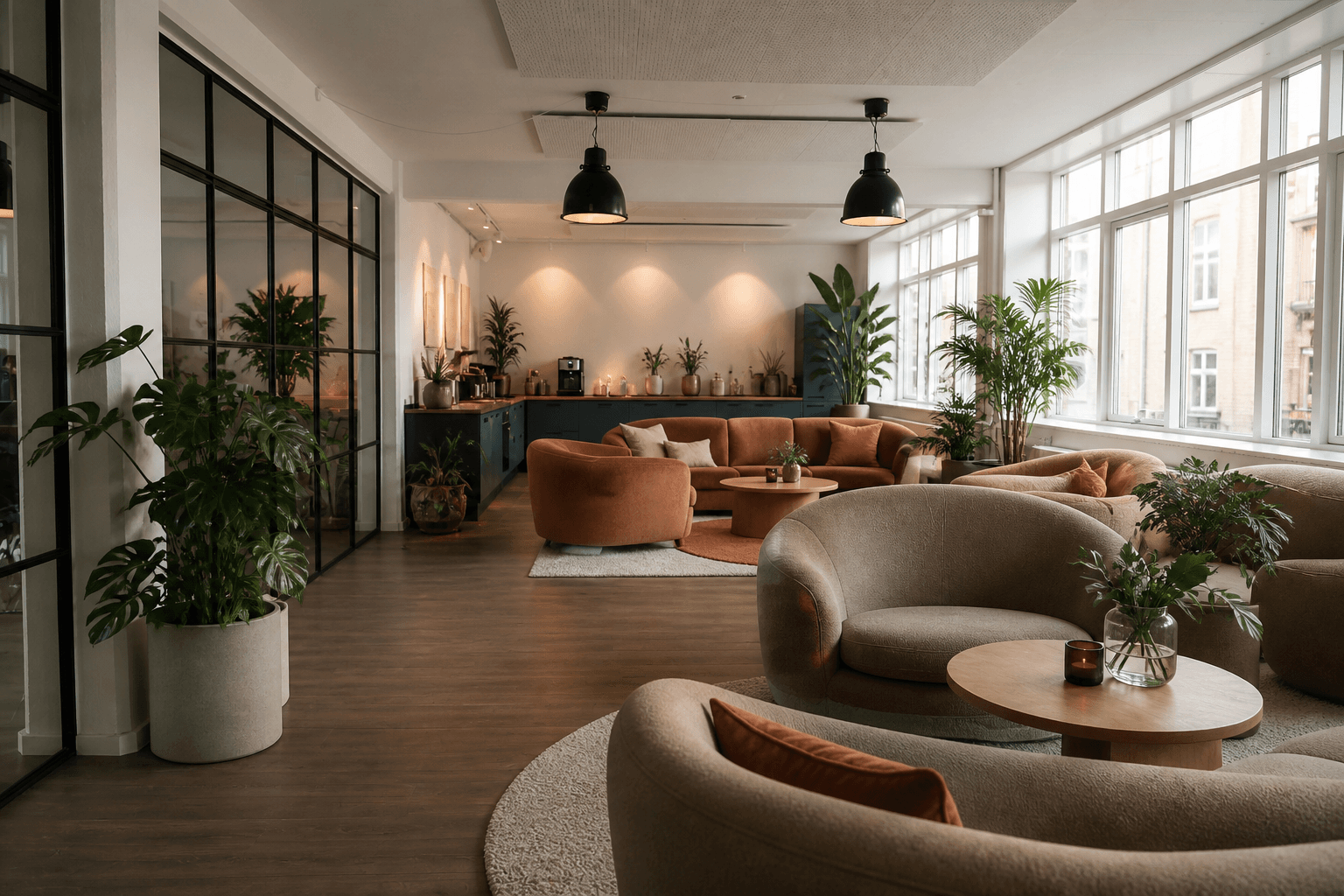 Fælles lounge med sofaer, planter og kaffeområde